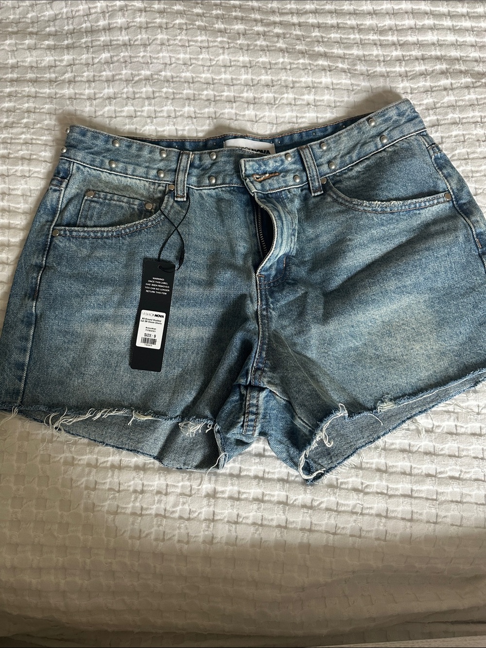 Fashion Nova Distressed Light Blue Studded High-Rise Denim Shorts